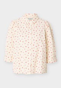 Κρεμ μπλούζα με κόκκινο μοτίβο καρδιάς, κουμπώματα στο μπροστινό μέρος, φουσκωτά μανίκια τριών τετάρτων και κλασικό γιακά.