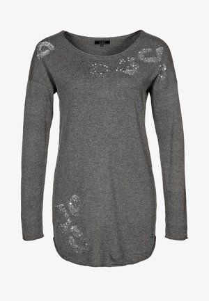 Long-sleeve gray sweater featuring sequin accents in a floral pattern on the front, made of soft knit fabric, with a rounded neckline.