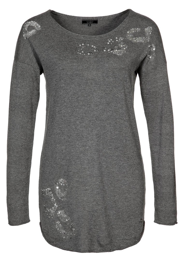 Grau-weißer Pullover mit langen Ärmeln, der auf der Vorderseite mit Pailletten in einem floralen Muster verziert ist. Er besteht aus weichem Strickstoff und hat einen runden Halsausschnitt.