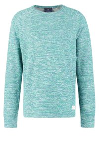 Lehký svetr vyrobený z přízí smíšených v tealové a světle modré mramorované barvě. Má kulatý výstřih a dlouhé raglánové rukávy.