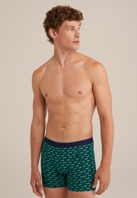 Gröna kalsonger med ett lekfullt hundmönster, tillverkade av mjukt tyg, med ett marinblått midjeband och en åtsittande form.