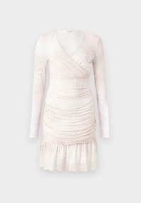 Ανοιχτό ροζ μίνι φόρεμα με μακριά μανίκια, ραμμένο με βολάν και  V-λαιμόκοψη, που διαθέτει μια διακριτική εκτύπωση ζώου.