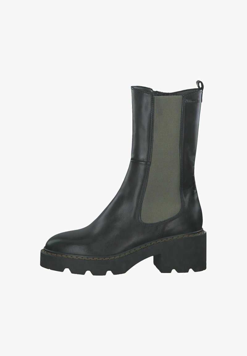 Black leather ankle boot with elastic green panels, chunky black sole, round toe, and contrasting stitching. Designed for easy wear.