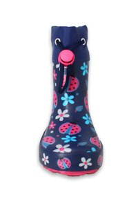 Blauwe rubberen regenlaars met rode lieveheersbeestjes- en bloempatronen, roze accenten, verstelbare trekkoorden bovenaan en een gestructureerde zool.