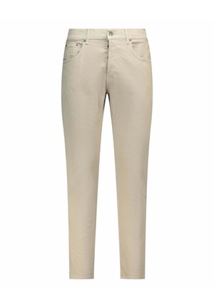 Beige slim-fit broek met knoop en rits aan de voorkant, voor- en achterzakken, riemlussen en taps toelopende pijpen.
