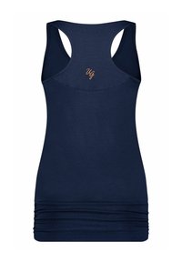 Laivastonsininen hihaton toppi, jossa on pyöreä pääntie ja urheilullinen takaosa. Siinä on kankaat taitettuina helmassa ja pieni logo takana.