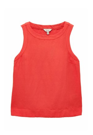 Ärmelloses korallenrotes Tanktop mit rundem Ausschnitt und geradem Saum, aus leichtem Stoff, flach liegend dargestellt, mit sichtbarem Etikett im Kragen.