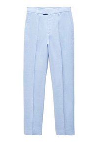 Pantalon bleu clair en tissu doux, doté d'une coupe ajustée avec une texture lisse, une taille plate et une coupe droite.