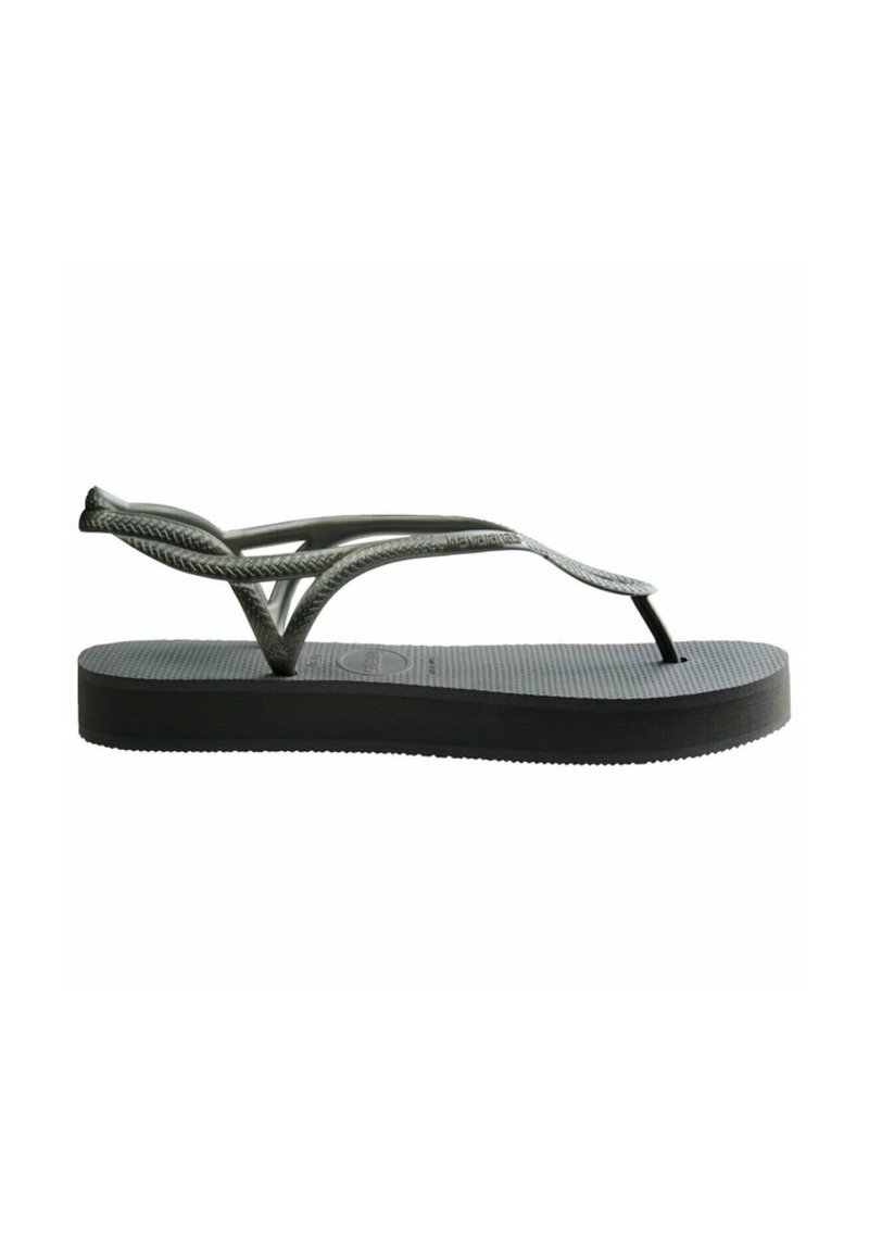 Infradito neri con suola testurizzata, caratterizzati da sottili fasce intrecciate in grigio scuro, progettati per un uso casual.