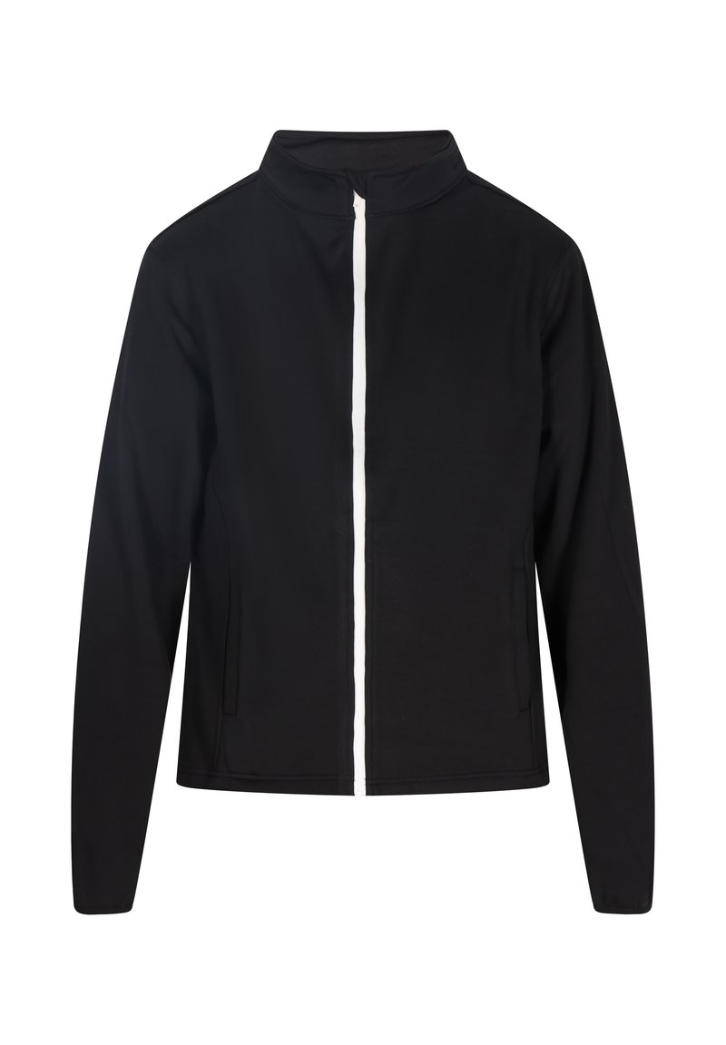 Schwarze Jacke mit Stehkragen, vollflächigem Reißverschluss und zwei seitlichen Taschen; mit einem kontrastierenden weißen Reißverschluss. Glattes, leichtes Material.