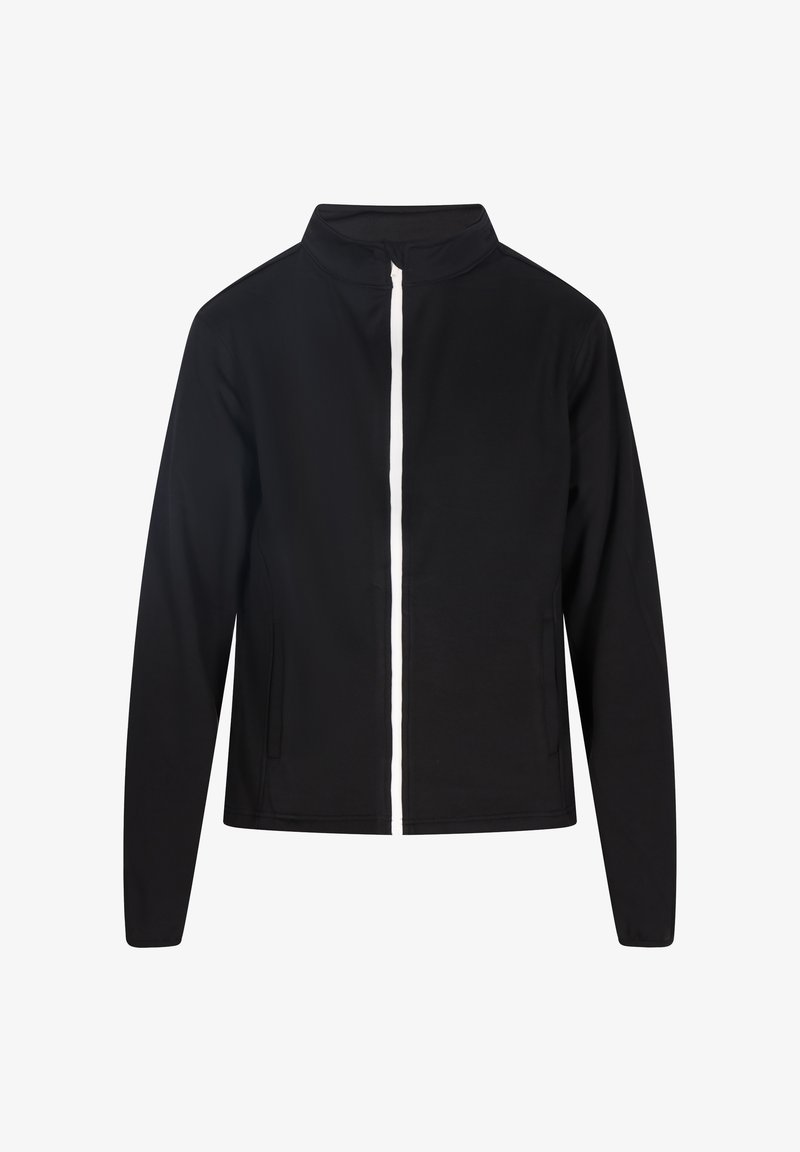 Sort jakke med ståkrave, fuld frontlynlås og to sidelommer; har en kontrastfyldt hvid lynlås. Glat, letvægtsstof.