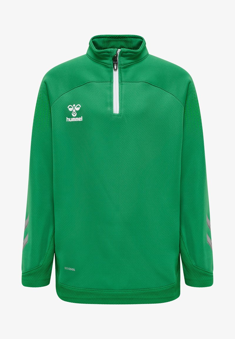 Groene lange mouwen pullover met een rits van een kwart, voorzien van een textuurstof, witte rits en grijze gestreepte accenten op de mouwen.