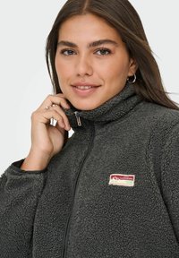 Szara bluza z polaru na zamek z kołnierzem typu stójka, z małą naszywką z logo. Materiał jest miękki i puszysty, z kontrastowymi czarnymi akcentami.