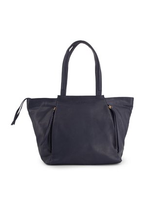 Marineblaue Leder-Umhängetasche mit zwei vorderen Reißverschlusstaschen, zwei robusten Griffen und einer glatten Textur, auf der ein dezentes Logo auf der Vorderseite geprägt ist.