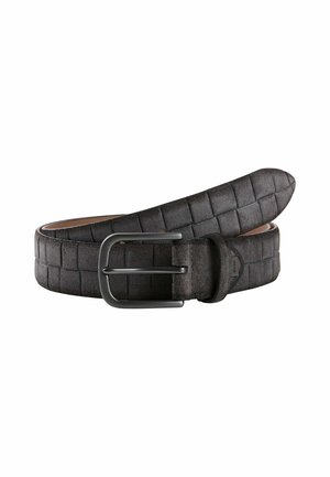 Ceinture en cuir tressé noir avec une boucle rectangulaire en métal noir mat. La texture présentée est lisse avec un motif de carrés.