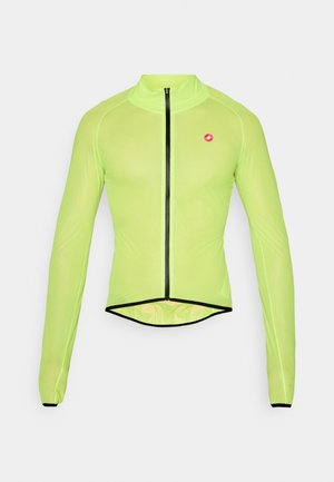 Langärmlige Fahrradjacke in leuchtendem Neon-Grün mit einem Reißverschluss vorne, schwarzen Akzenten und einem figurschmeichelnden Design für verbesserte Aerodynamik.