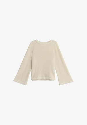 Gebreide trui in roomkleur met brede lange mouwen, ronde hals en subtiele kabelgebreide details aan de boord en zoom.