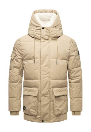 Chaqueta aislante beige con cuello alto y capucha, que cuenta con cuatro bolsillos, puños elásticos y un suave forro interior.