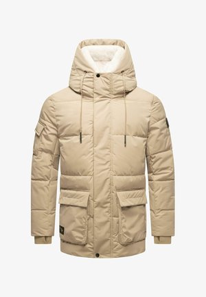 Chaqueta aislante beige con cuello alto y capucha, que cuenta con cuatro bolsillos, puños elásticos y un suave forro interior.