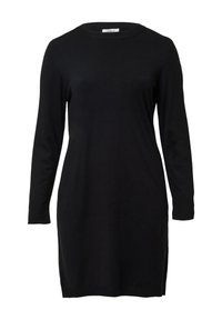 Schwarzes langärmliges Kleid mit Rundhalsausschnitt, aus glattem Stoff gefertigt. Verfügt über einen geraden Schnitt und einen gerippten Saum an den Ärmeln und am unteren Rand.