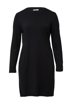 Schwarzes langärmliges Kleid mit Rundhalsausschnitt, aus glattem Stoff gefertigt. Verfügt über einen geraden Schnitt und einen gerippten Saum an den Ärmeln und am unteren Rand.