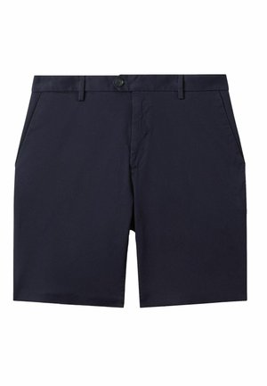 Shorts bleu marine en tissu léger, dotés d'une fermeture à bouton, de deux poches avant et d'une coupe droite élégante.