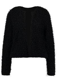 Cardigan nero accorciato realizzato in un tessuto testurizzato e peloso, con maniche lunghe e apertura frontale. Aspetto morbido e sensazione accogliente.