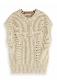 Pull en tricot ivoire à manches courtes avec un col rond, présentant des motifs texturés et un ourlet côtelé. Le matériau semble doux et respirant.