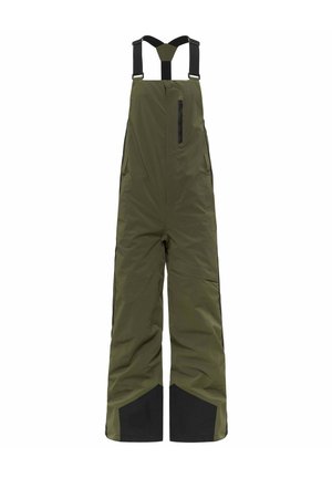 Pantaloni impermeabili con bretelle verde oliva con polsini rinforzati neri, spalline nere regolabili e tasca sul petto con cerniera.