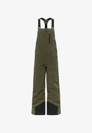 Pantalon salopette imperméable vert olive avec poignets renforcés noirs, bretelles noires réglables et poche poitrine zippée.