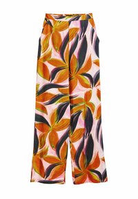 Pantaloni a gamba larga realizzati in tessuto leggero, caratterizzati da un motivo floreale multicolore con elementi arancioni, rosa e verdi su uno sfondo rosa chiaro.