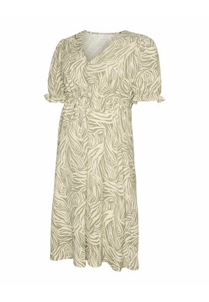 Robe beige et grise à imprimé zèbre jusqu'aux genoux, avec manches bouffantes, col en V et ceinture froncée à la taille.