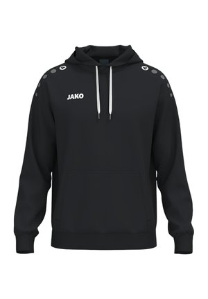 Schwarzes Kapuzensweatshirt mit weißen Kordeln, Fronttasche, weißem JAKO-Logo auf der linken Brust und kreisförmigen Mustern auf den Schultern.