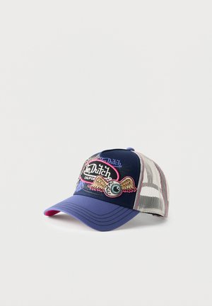 Casquette de baseball en mesh bleu et blanc avec logo "Von Dutch California" et œil ailé brodé sur la partie avant.
