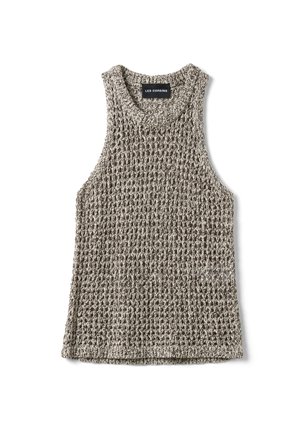 Ärmelloses, gestricktes Tanktop aus beige-braun marmoriertem Garn mit rundem Halsausschnitt und Markenlabel "Les Copains" innen am Kragen.