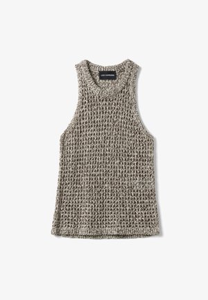 Ärmelloses, gestricktes Tanktop aus beige-braun marmoriertem Garn mit rundem Halsausschnitt und Markenlabel "Les Copains" innen am Kragen.