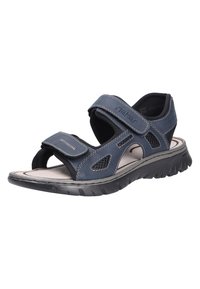 Dark blue sandal with adjustable Velcro straps, open toe, soft padded insole, and textured outsole for grip. Side mesh detailing included.