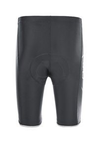 Shorts de vélo noirs en tissu lisse et extensible. Comprend une zone de siège rembourrée, un discret logo blanc et un contour élastique gris au niveau de l'ourlet.