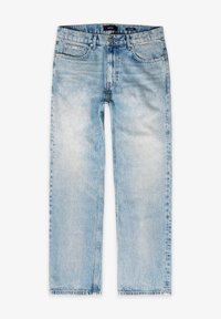 Light blue straight-leg jeans made of denim. Faded throughout with five pockets, belt loops, and a button closure. Clean hem.