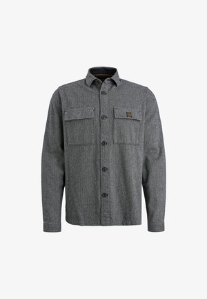 Sivi srajčni gumb s dolgimi rokavi, dvema žepoma na prsih, subtilno teksturo in črnimi gumbi. Vsebuje majhno oznako blagovne znamke na žepu.