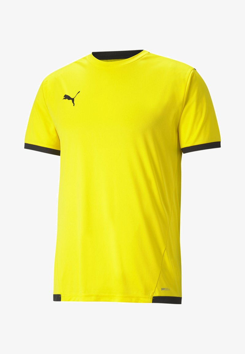 Sárga, rövid ujjú sportpóló fekete díszítéssel a galléron és az ujjakon. Az elején fekete logó található, anyaga izzadságelvezető.