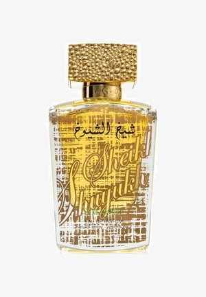 Kirkas lasipullo hajuvedelle, jossa on kultaiset tekstit. Koristeellinen kultainen tekstuurikansi. Tämäntyyppinen meripihkan värinen neste sisältä, jossa on abstrakteja kuvioita pinnalla.