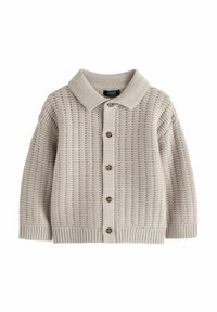 Beige knitted cardigan with a collared neck, featuring a textured woven pattern, ribbed cuffs, and a button-down front with brown buttons.