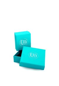 Cutie de bijuterii turquoise cu finisaj mat, având un logo circular pe care scrie "Elli WE ♥ JEWELS." O cutie este deschisă pentru a dezvălui interiorul.