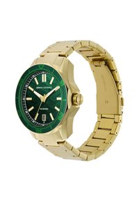 Gold-tone watch with a green textured dial, luminous hands, and markers. Features a link bracelet and a water resistance of 100 meters.