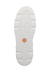 White outsole with textured grip pattern, featuring a circular orange logo at the center. Designed for traction and durability.