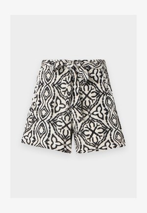 Short taille haute avec motif floral géométrique noir et blanc et ceinture en tissu nouée en nœud à la taille.