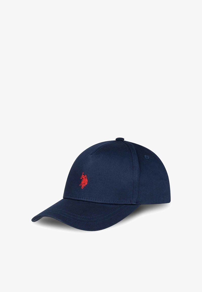 Navy blue cotton baseball cap with a red embroidered logo on the front. Features a curved brim and adjustable back strap.