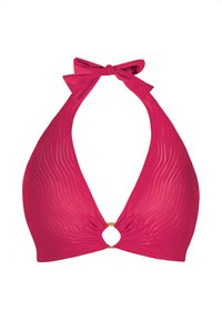 Jaskrawo różowy biustonosz bikini na halterze z dekoltem w kształcie litery V, teksturowanymi falami oraz złotym akcentem w postaci pierścionka na środku. Związany na szyi kokardką.