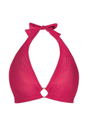 Jaskrawo różowy biustonosz bikini na halterze z dekoltem w kształcie litery V, teksturowanymi falami oraz złotym akcentem w postaci pierścionka na środku. Związany na szyi kokardką.